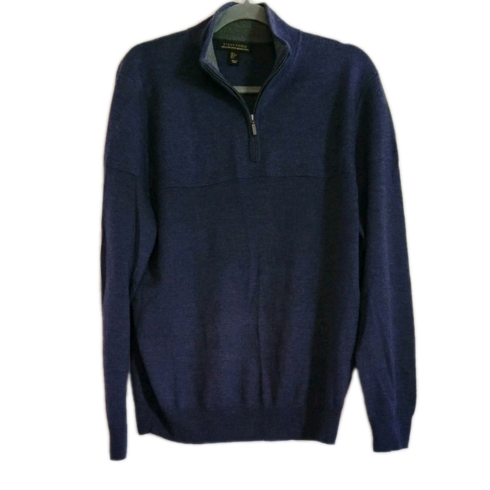 Ethan Pierce 100% Extra Fine Merino Wool Sweater 1/4 Zip Large Navy Blue